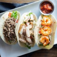 Taco Plate (3) · Three flour tortilla tacos: your choice: chicken, ground beef, ribeye steak, or shrimp toppe...
