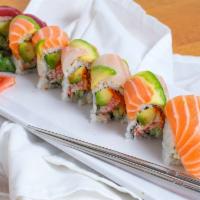 Rainbow Roll · crab, avocado, cucumber, masago on top tuna, salmon, white fish