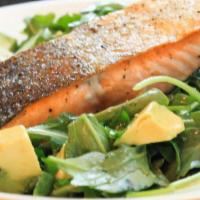 Grilled Salmon Salad · Garden salad topped with grilled salmon. Choice of dressing.
