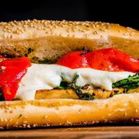 Grilled Chicken & Fresh Mozzarella · Grilled chicken, fresh mozzarella, tomato, roasted peppers, oil, and balsamic.