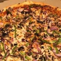 Veggie Lovers Pizza · Tomatoes, spinach, broccoli, mushrooms, black olives, tomato sauce and mozzarella cheese.