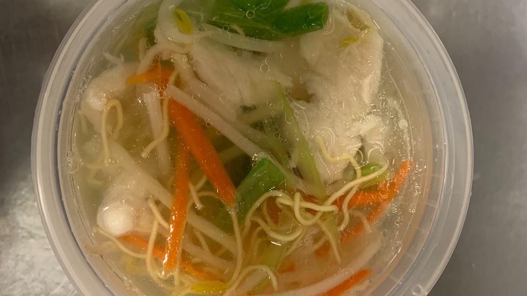 Chicken Noodle Soup (For 2) · Soup that is made with chicken broth noodles and vegetables.