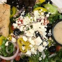 Greek Side Salad · mixed greens, red onions, black olives, banana peppers, roma tomatoes, feta cheese, crostini...