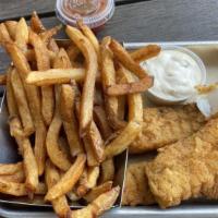 Fish & Chips · Three pieces of beer battered cod, served with fries and tartar sauce.