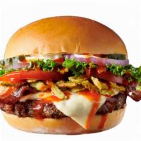 Spicy Bacon Cheeseburger · Angus 1/3 pound steak burger with lettuce, tomato, onion, pickle, mayo, hot sauce, crispy ja...