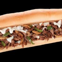 Classic Cheesesteak Steak · Philly steak with grilled onions, sauteed mushrooms and green peppers with melted Swiss Amer...