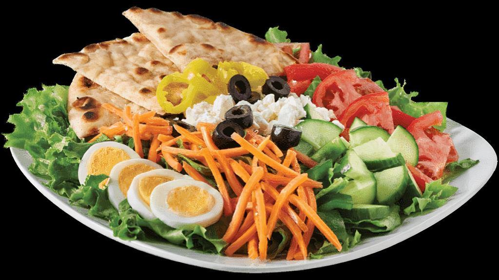 Greek Salad · Our unique garden salad, mixed with feta cheese, black olives, green peppers, and banana peppers. Topped with choice of dressing.