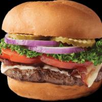 Bacon Cheeseburger · Angus 1/3 pound steak burger with lettuce, tomato, pickles, onions on a brioche roll.