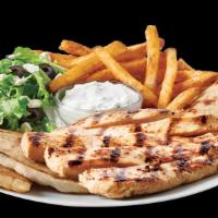 Grilled Chicken Breast Platter · With Greek salad and fries.
