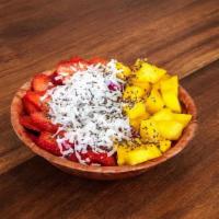 Dragon Fruit Pitaya Açaí · Pitaya blended açaí topped with seasonal fruits, chia seeds & coconut flakes.