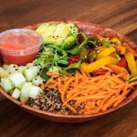 Very Vegan Bowl · Roasted veggies, quinoa, baby spinach, carrot, cucumber, avocado & raspberry balsamic vinaig...