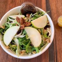 Pear N' Dive Salad · Arugula mixed with endive, pear slices, walnut, pecans, cranberries & feta cheese with honey...