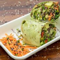 Veggie Wrap · Roasted veggies with quinoa, romaine, mixed greens, guacamole & cucumbers drizzled with ging...