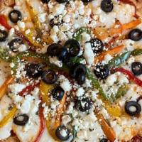 Veggie Pizza · Tomato sauce base with mozzarella cheese seasonal veggies, black olives & goat cheese on a c...