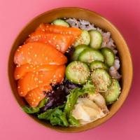 Salmon Sashimi Rice Bowl · Freshly sliced salmon sashimi over sushi rice with sliced cucumber, radish, ginger, crunchy ...