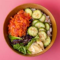 Spicy Tuna Rice Bowl · Spicy tuna over sushi rice with sliced cucumber, radish, ginger, crunchy greens, and sesame ...