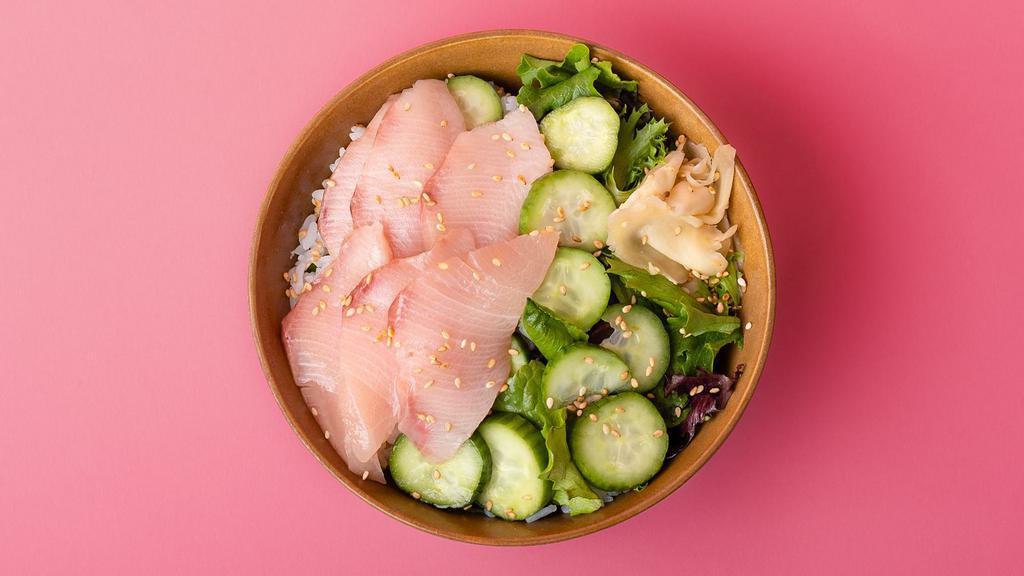 Red Snapper Rice Bowl · Freshly sliced red snapper sashimi over sushi rice with sliced cucumber, radish, ginger, crunchy greens, and sesame seeds.