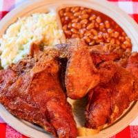 3 Piece White · Two breasts and wing. Includes baked beans, slaw, and white bread. Serve fresh, never frozen...