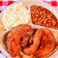 3 Tender · Includes baked beans, slaw, and white bread. Serve fresh, never frozen chicken, and fry ever...