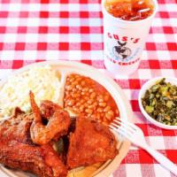 Half Chicken · One of each piece. Includes baked beans, slaw, and white bread. Serve fresh, never frozen ch...