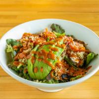 Avocado Quinoa Salad · Vegan. Organic quinoa, avocado, organic carrots, organic red onions, organic cucumber, organ...