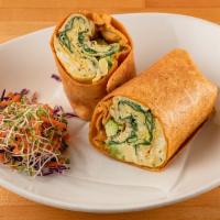 Breakfast Wrap · Organic egg omelette (organic spinach and avocado with special liquid amino, organic onion, ...