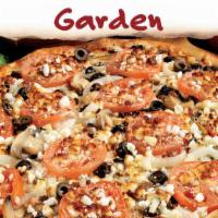 Garden Pizza (Small, 6 Slices) · Mushrooms, black olives, onions, sliced tomatoes, our original sauce, and signature three ch...