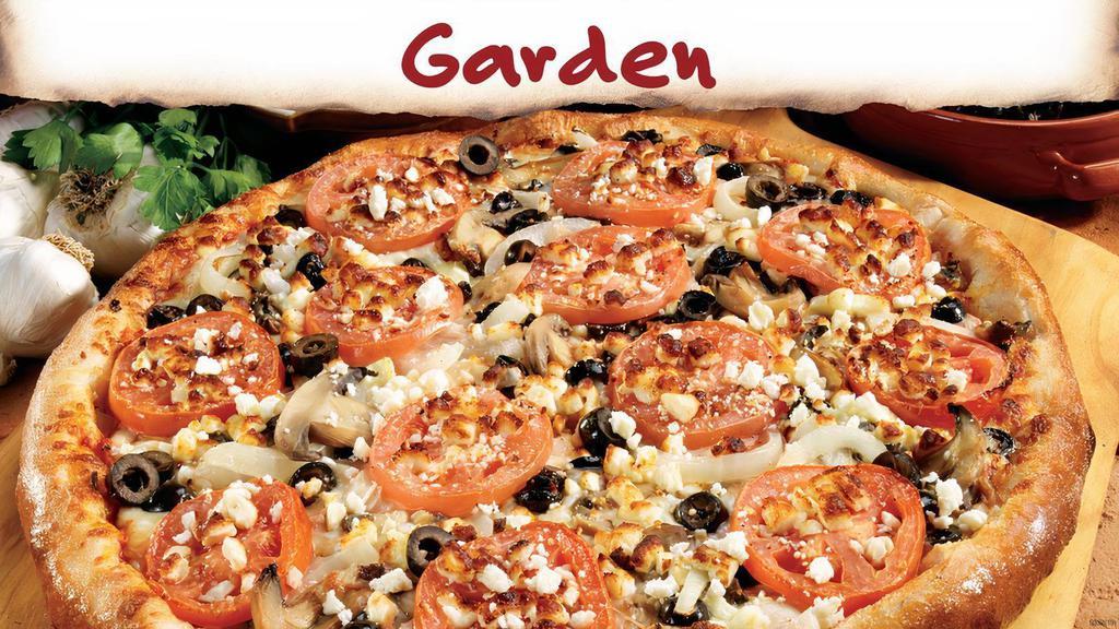 Garden Pizza (Small, 6 Slices) · Mushrooms, black olives, onions, sliced tomatoes, our original sauce, and signature three cheeses, plus feta.