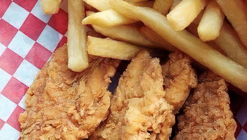 3Pcs Chicken  Tender Combo · This item includes 3-piece tenders fries soda of your choice and barbecue Ranch or honey mustard dipping sauce