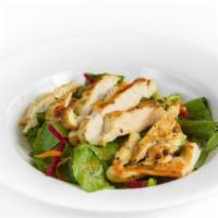 Crispy Chicken Salad · This salad includes romaine lettuce cucumbers onions tomatoes cheese and your choice of sala...