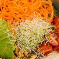 Energy Salad · Carrots, avocado, grape tomatoes, mushrooms, pumpkin seeds, walnuts, sprouts and mixed green...