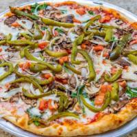 Veggie Pizza · Spinach, tomatoes, green peppers, onions, mushrooms, black and green olives.