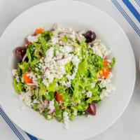 My Big Fat Greek Salad · Fresh Romaine, vine-ripe tomatoes, onions, dill, feta cheese, olives, and extra virgin olive...