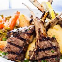 Lamb Chops · Char-broiled and served with greek potatoes and vegetables.