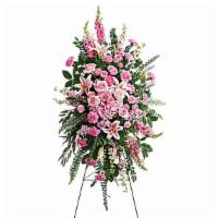 Glorious Farewell Spray · This glorious spray of pink hydrangea, roses and lilies is an especially fond, feminine fare...