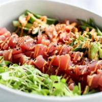 Tonno Bowl · Ahi tuna, jasmine rice, arugula, avocado, cucumber, radish, scallions, micro cilantro, sesam...