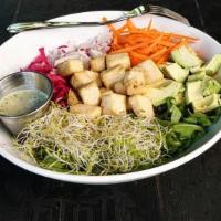 Vegan Bowl · Vegan tofu, quinoa, arugula, avocado, alfalfa, sprouts, sunflower seeds, carrots, radish, pi...