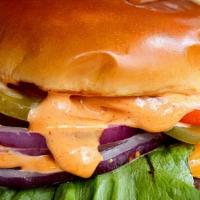 Cheese Burger · 8 oz. burger with onions, lettuce, tomato, and pickles. Served with spicy aioli.