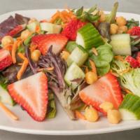 Cucumber Strawberry Salad · Garbanzo beans, carrots, strawberries, and cucumbers on mixed greens.