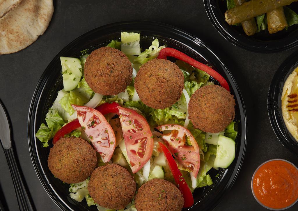 Falafel Platter · Six pieces. Lettuce, tomatoes, reddish, and falafel. Served with your choice of two sides and pita bread.