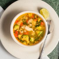 Large Chicken Soup · Mexican chicken soup with pieces of chicken, rice, chopped avocado, pico de gallo and lime.