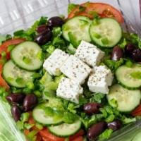 Greek Salad · Lettuce, tomatoes, cucumbers, onions, peppers, kalamata olives, feta cheese & traditional dr...