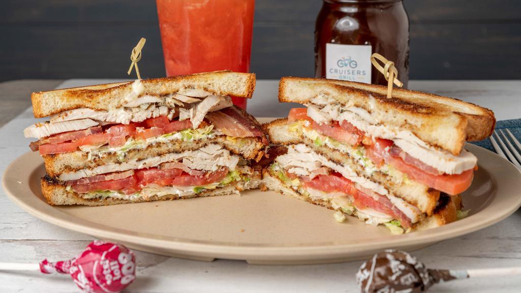 Turkey Club Sandwich · This triple decker features our house roasted turkey with Cruisers house bacon fresh romaine lettuce tomato and mayo on freshly baked white bread.