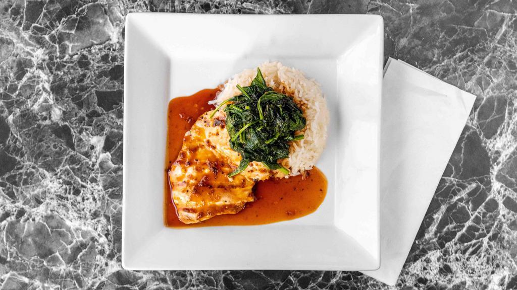 Sixes Chicken · Two 6 oz. Grilled chicken breasts in our spicy teriyaki sauce served with mashed potatoes and sauteed spinach.