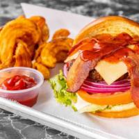Buffalo Burger · Pepper Jack cheese, scorpion sauce, bacon, lettuce, tomato, onion, and Ranch dressing. Serve...