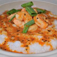 Vegan Low Country Shrimp And Grits · 5 Vegan Shrimp, Carolina Stone Ground Grits, served with Tempeh Bacon and Bellpeppers