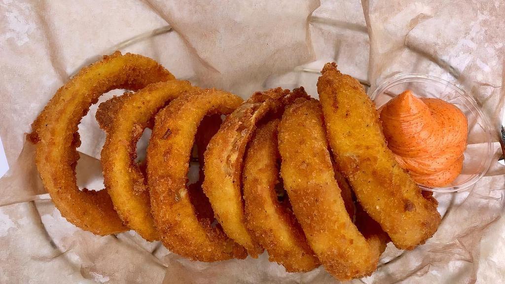 Panko Breaded Onion Rings · Panko breaded onion rings with a side of our smoked paprika mayo.