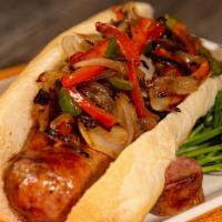 Beef Polish Sausage · Beef Sausage topped with grilled onions, peppers and mustard served on a potato bun