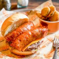 Bo Hawg · Our famous bbq pork, topped with Cheddar cheese and a smoked sausage link.