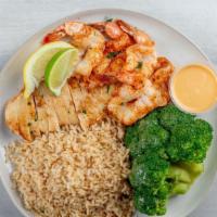 Healthy Choice · Grilled chicken and five pieces grilled miami shrimp. Served with brown rice and broccoli.